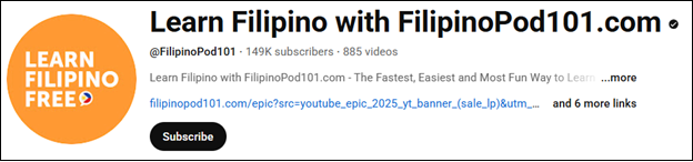 The channel interface of Learn Filipino with FilipinoPod101.com