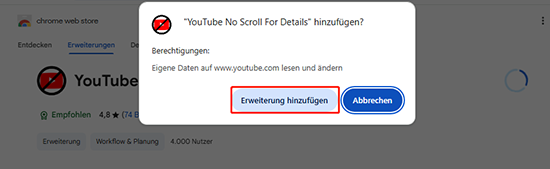 Klicken Sie auf Zu Chrome hinzufügen > Erweiterung hinzufügen, um YouTube No Scroll For Details auf Ihrem Computer herunterzuladen