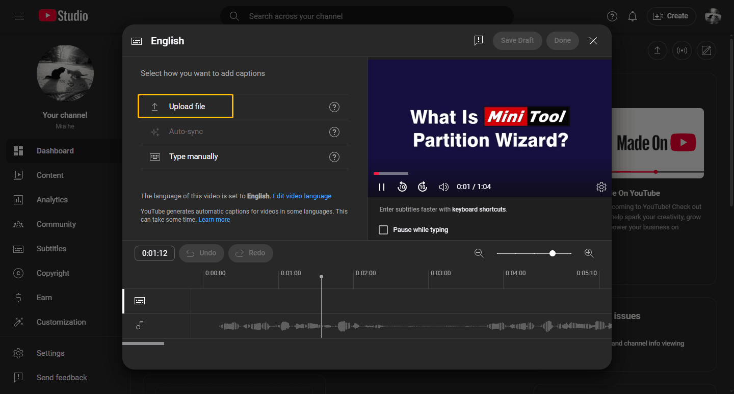 On YouTube Studio, click Upload file upload VTT file for the video