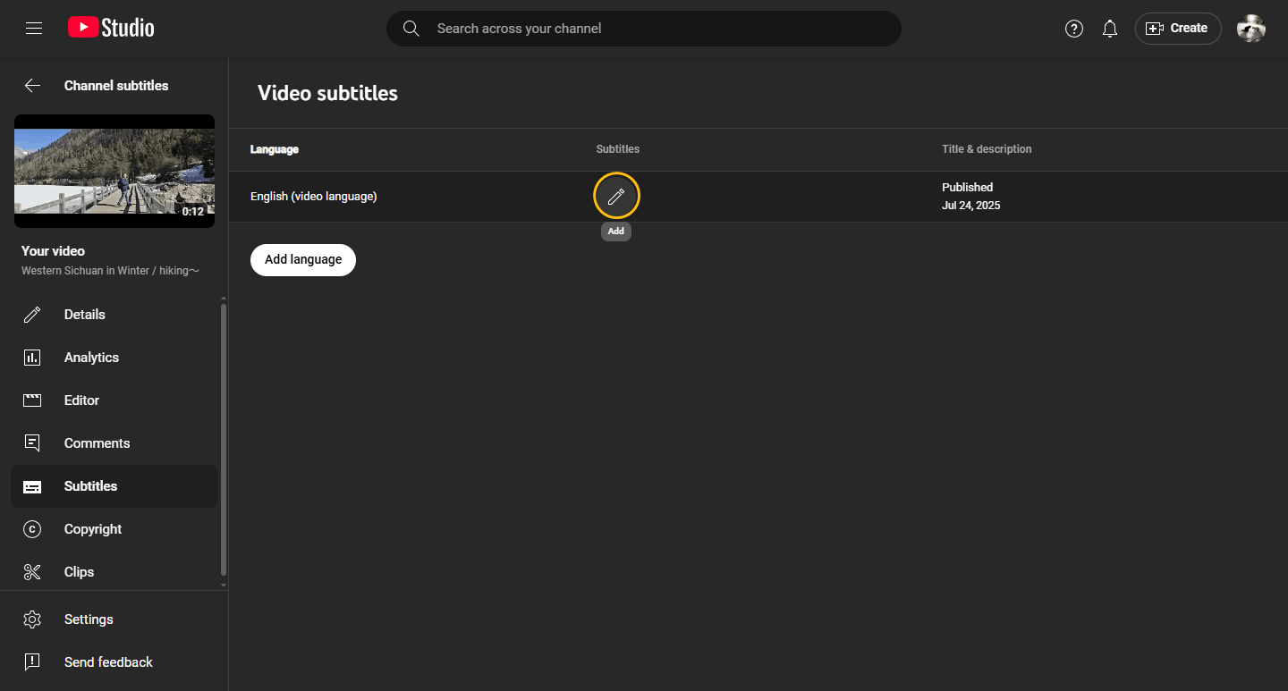 Click Add in YouTube Studio’s Video subtitles section