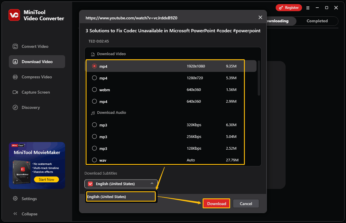 In MiniTool Video Converter, choose a export format, choose a subtitle option, and click on Download