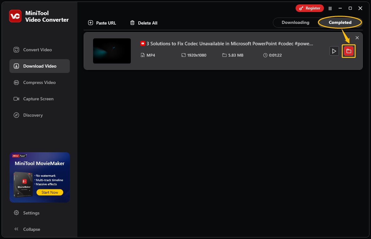 Under MiniTool Video Converter’s Completed tab, find the SRT file on your computer