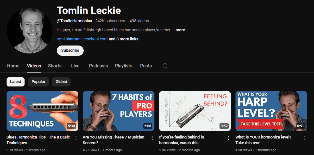 The YouTube channel homepage of Tomlin Leckie