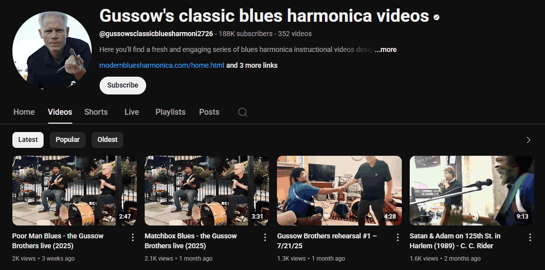 The YouTube channel homepage of Gussow’s classic blues harmonica videos