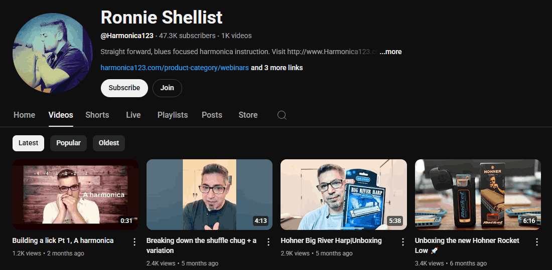 The YouTube channel homepage of Ronnie Shellist