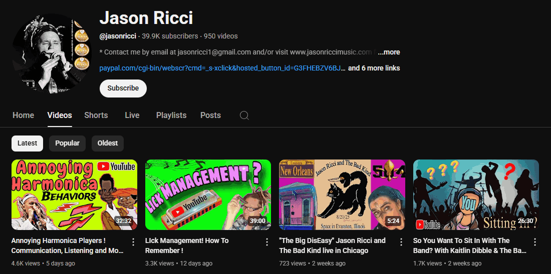 The YouTube channel homepage of Jason Ricci