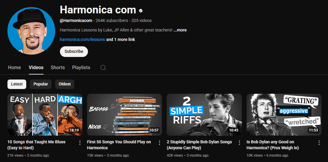 The YouTube channel homepage of Harmonica com
