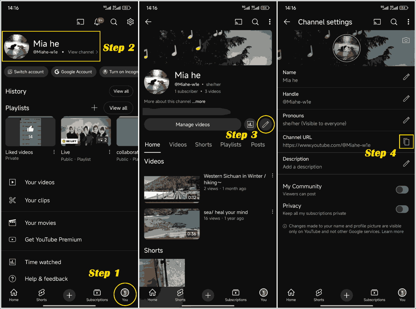 Screenshot of the YouTube app showing how to copy the YouTube channel URL