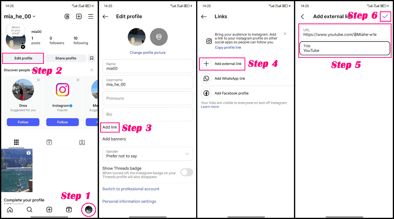 Screenshot of the Instagram app showing how to add an external link