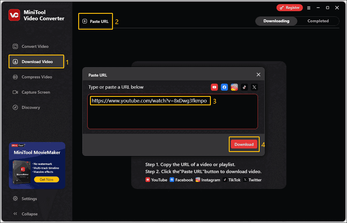 Screenshot of MiniTool Video Converter shows how to paste the video link into the address box