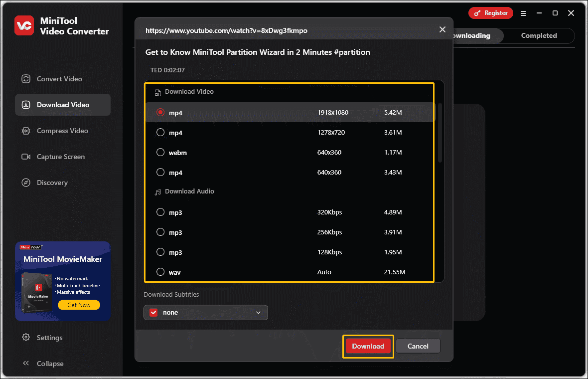 Screenshot of MiniTool Video Converter shows many output format options for you to choose