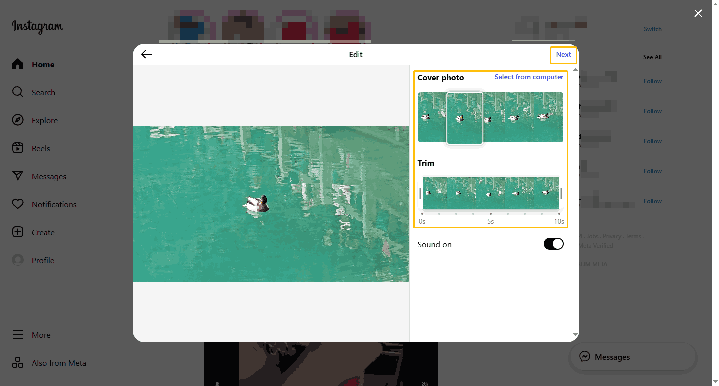Screenshot of Instagram showing how to change video convert and trim video