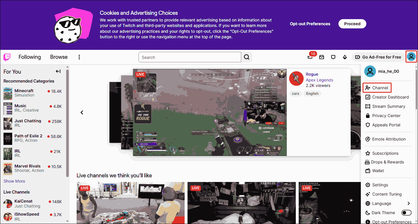 Screenshot of Twitch shows how to go to the Twitch channel homepage