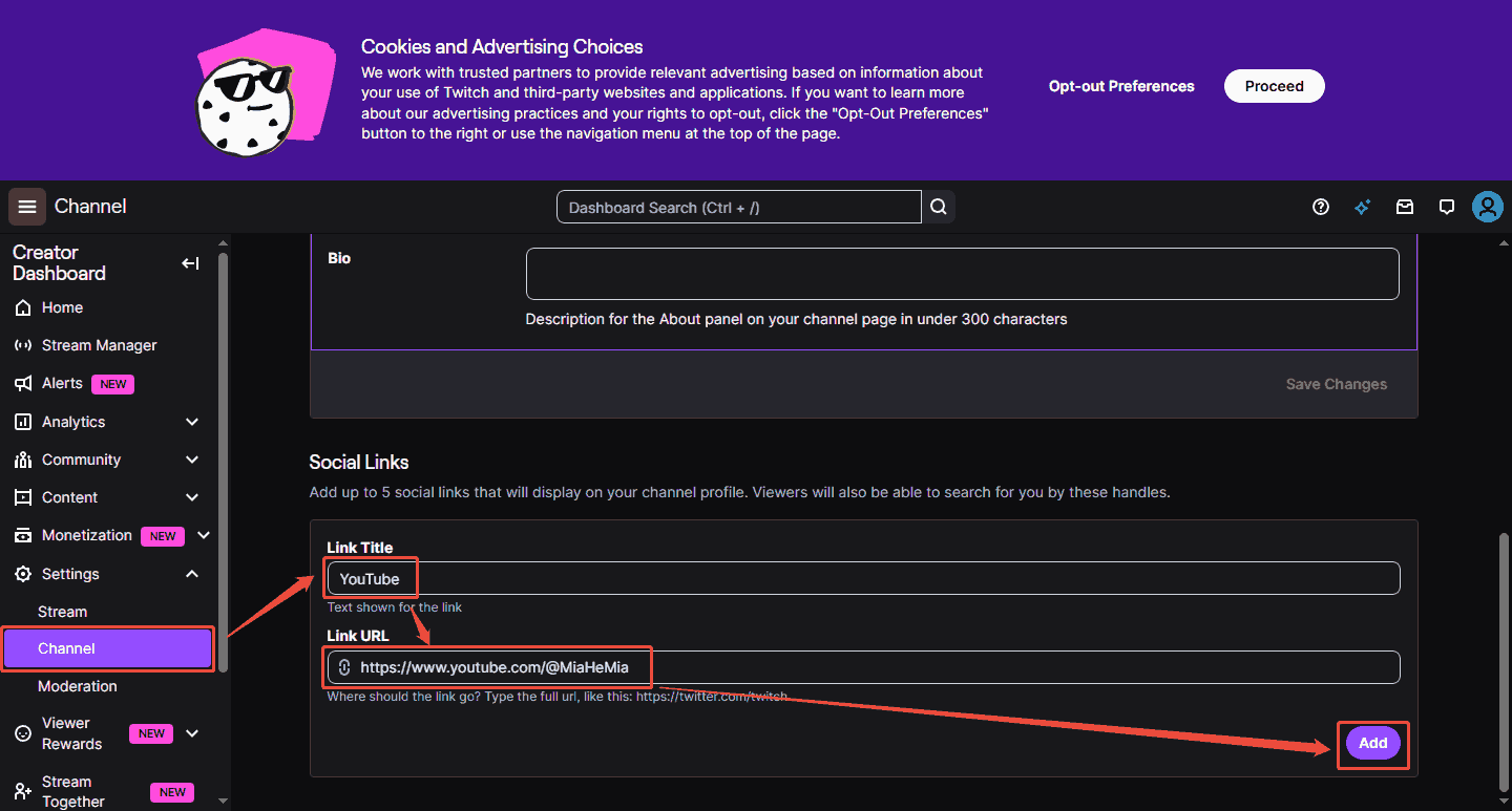 Screenshot of Twitch shows how to add a YouTube link to the Twitch profile