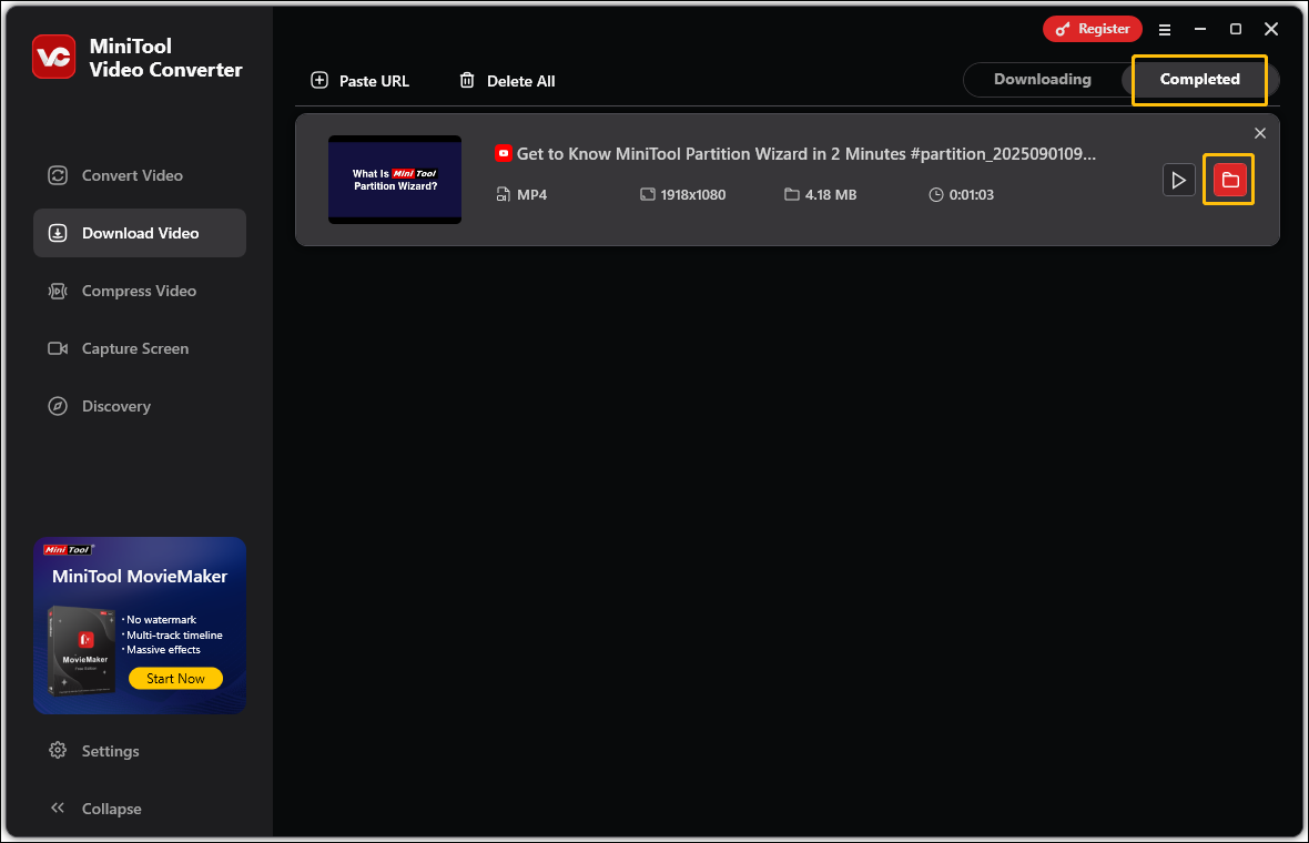 Screenshot of MiniTool Video Converter shows how to locate the file save location by clicking the folder icon