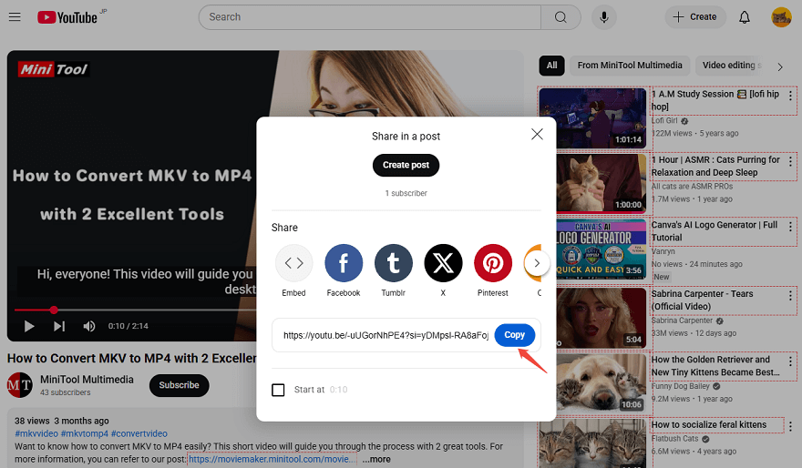 Click on Copy to copy the link to the video you want to play audio only on YouTube