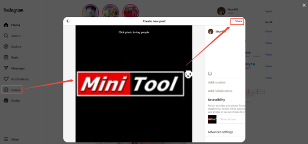 Click on Create > Select From Computer, add captions and hashtags, and click on Share to repost the Instagram photo