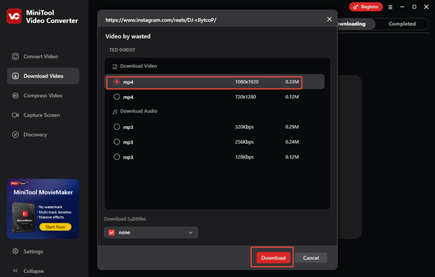 Choose an output format and resolution, and click on Download to download the Instagram Reel in MiniTool Video Converter