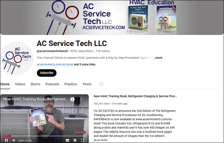 The homepage of the AC Service Tech LLC channel on YouTube