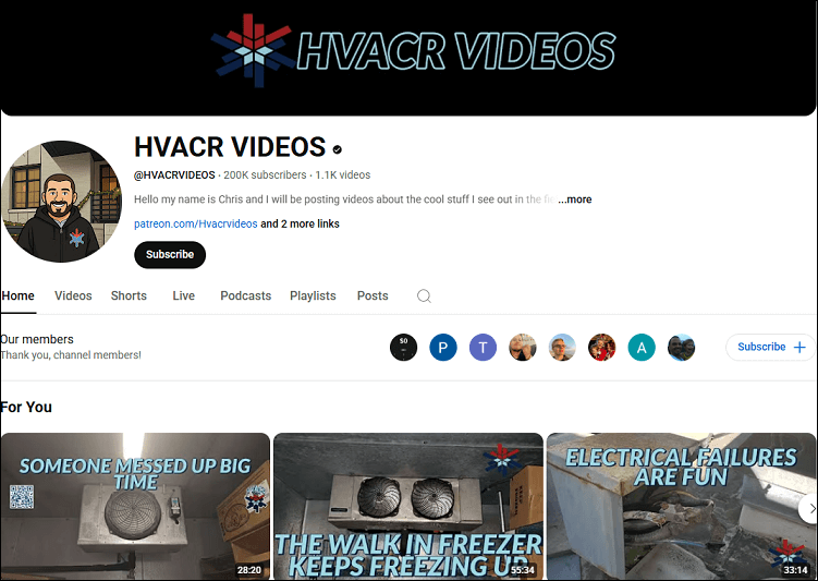 The homepage of the HVACR VIDEOS channel on YouTube