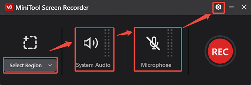 Choose Select Region, set your audio settings, and click Settings to adjust the recording settings in the MiniTool Screen Recorder window