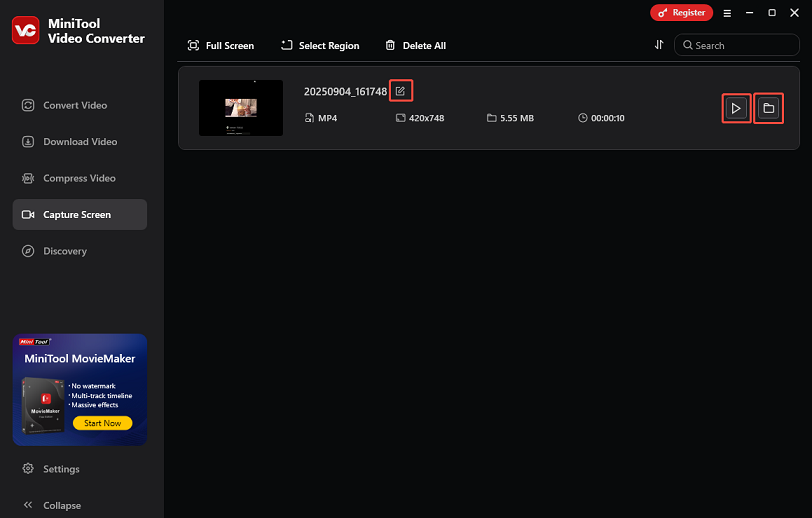 Click the edit icon, the play icon, or the folder icon on the recorded video in MiniTool Video Converter