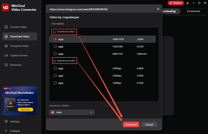 Choose to download the Instagram Reels in MP4 or MP3, and click on Download to start downloading in MiniTool Video Converter