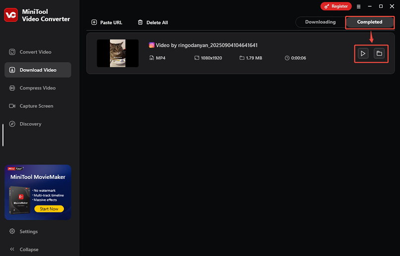 Click the play icon to play the downloaded Instagram Reels video or click the folder icon to locate the file location in MiniTool Video Converter