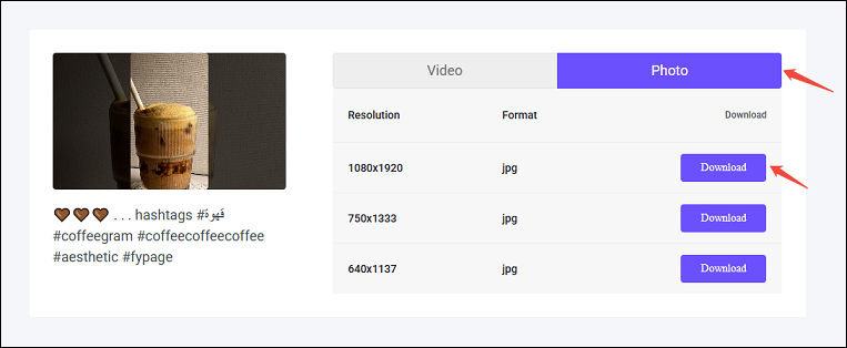 Go to the Photo tab, select the resolution, and click Download to save the Instagram Reels video thumbnail on viddown.net