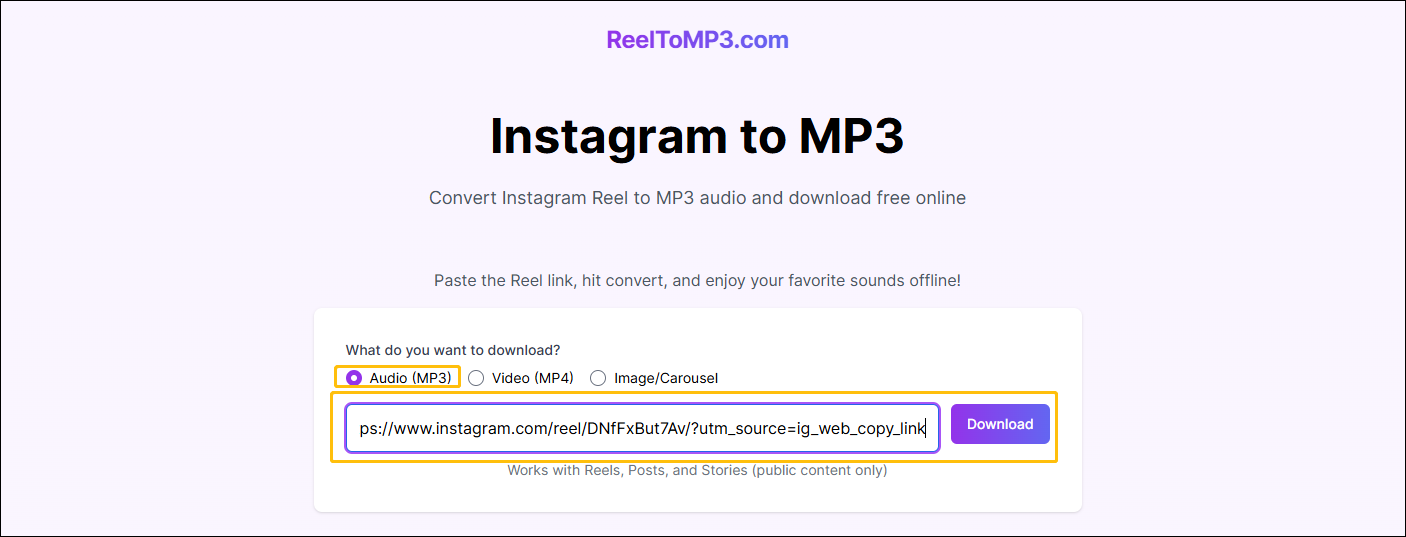 Choose Audio (MP3), paste the video URL into the box, and click Download on reeltomp3.com