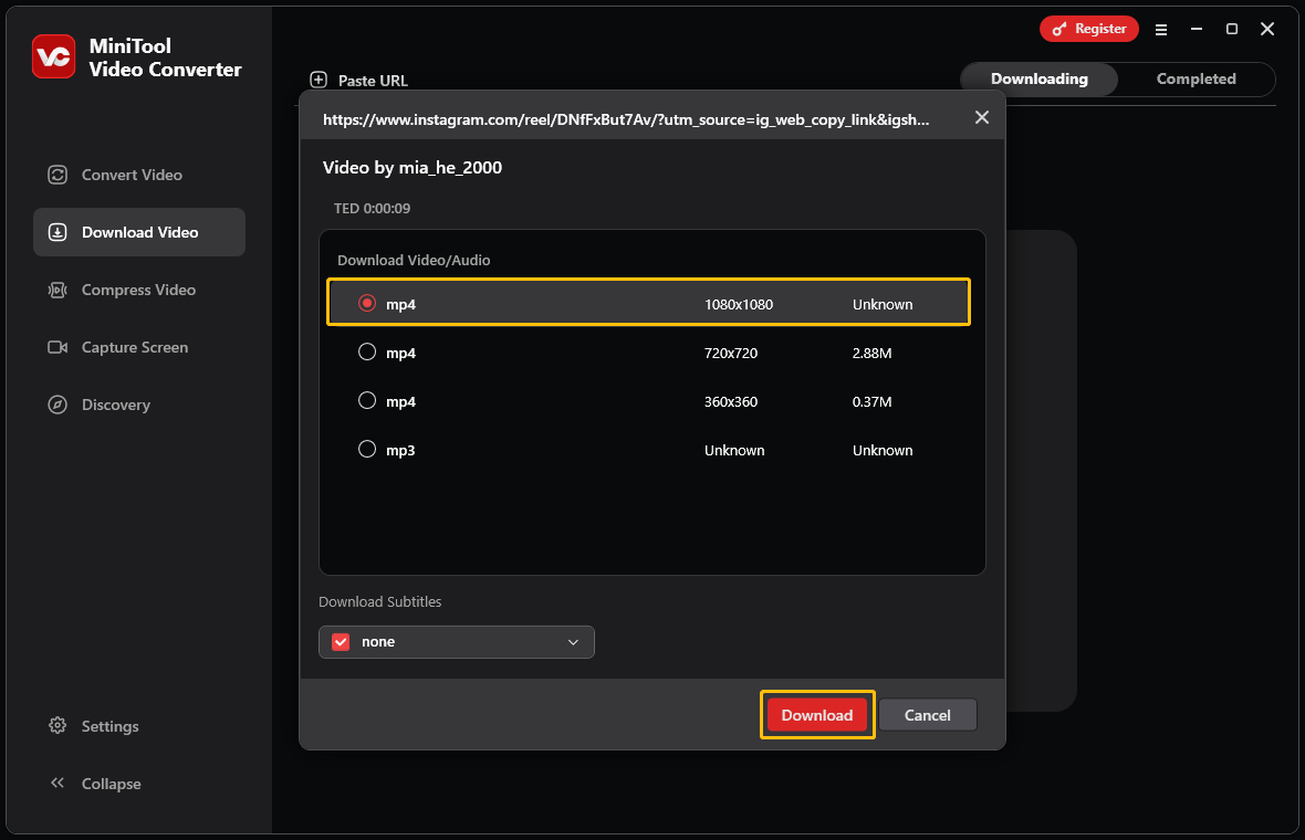 Choose the converted video quality and click Download in MiniTool Video Converter