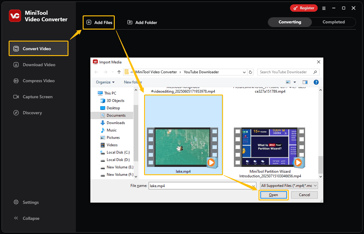 Choose the Convert Video tab, click Add Files, select the downloaded Instagram video, and click Open in MiniTool Video Converter