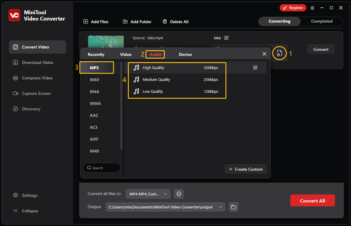 Click the gear icon, choose the Audio tab, select MP3, and choose the audio quality in MiniTool Video Converter
