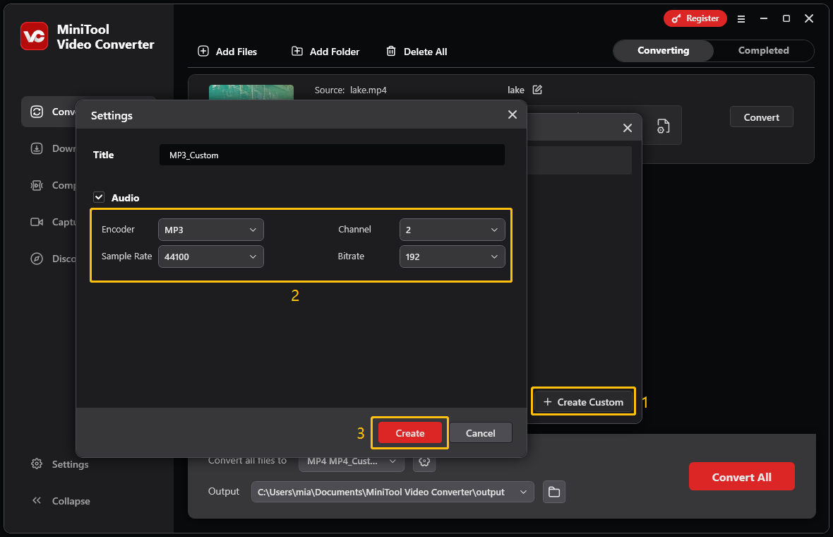 Click the + Create Custom button, adjust the MP3 format’s channel, sample rate, and bit rate, and click Create in MiniTool Video Converter