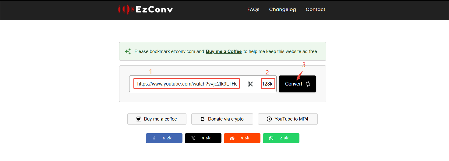 Paste the video link, choose an audio quality, and click on Convert to analyze the link in EzConv