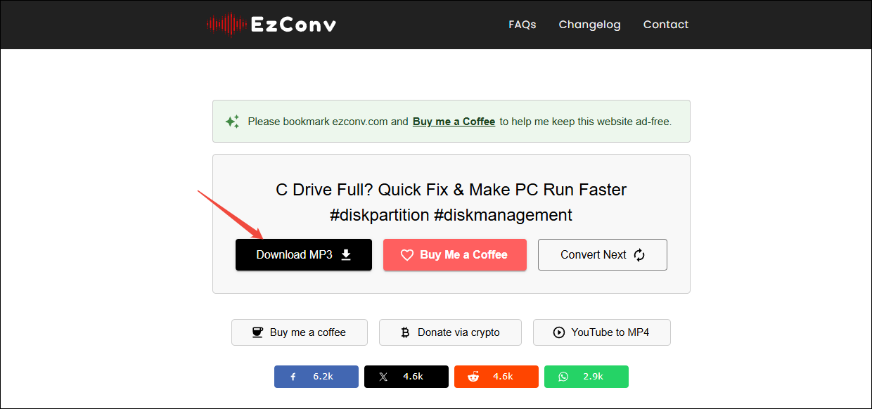 Click on Download MP3 to download the audio in EzConv