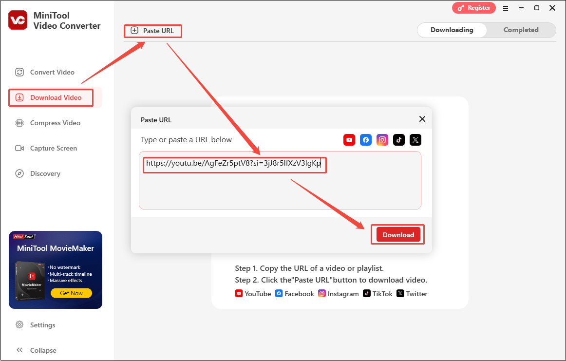 Go to Download Video > Paste URL, paste the audio link, and click on Download to analyze the song in MiniTool Video Converter
