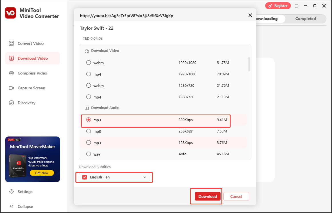Select an audio format and bitrate, and click on Download to save the YouTube song in MiniTool Video Converter