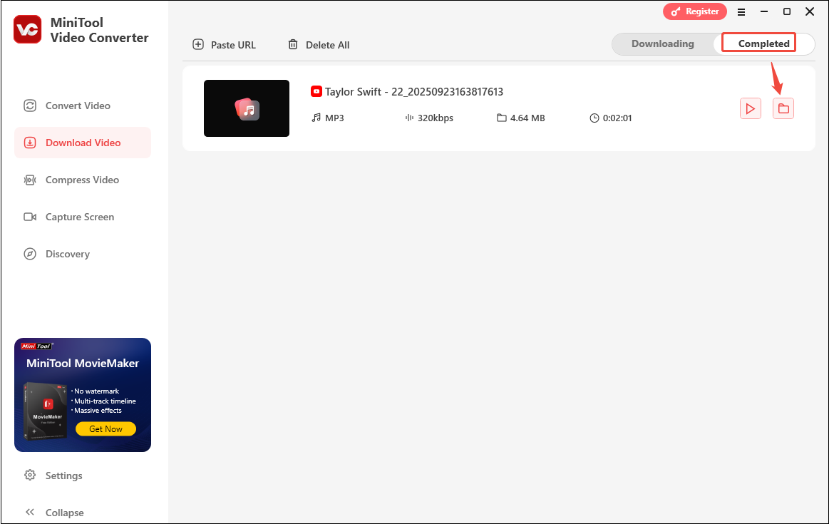 Click on the folder icon to locate the downloaded YouTube song