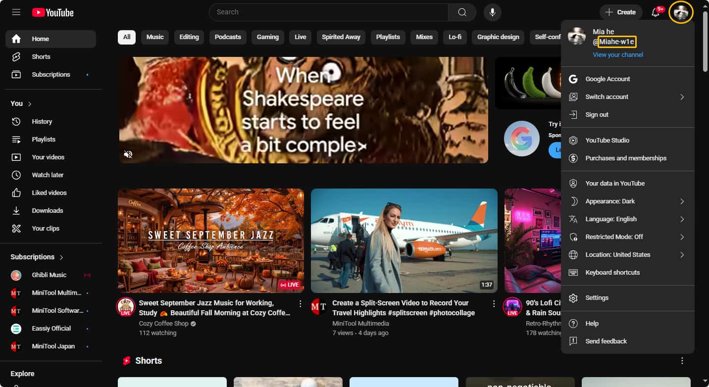 YouTube interface showing how to find the YouTube username