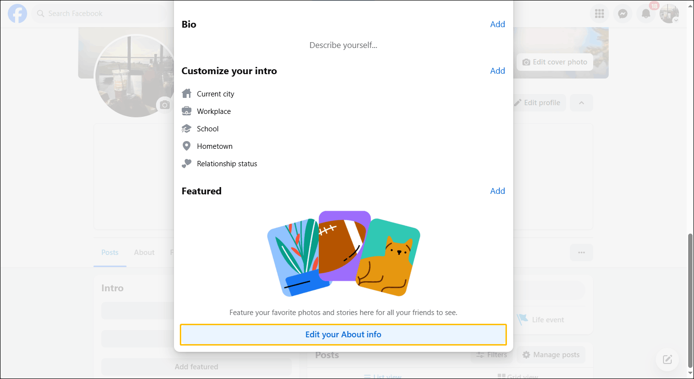 Facebook’s Edit profile window with the Edit your About info button highlighted