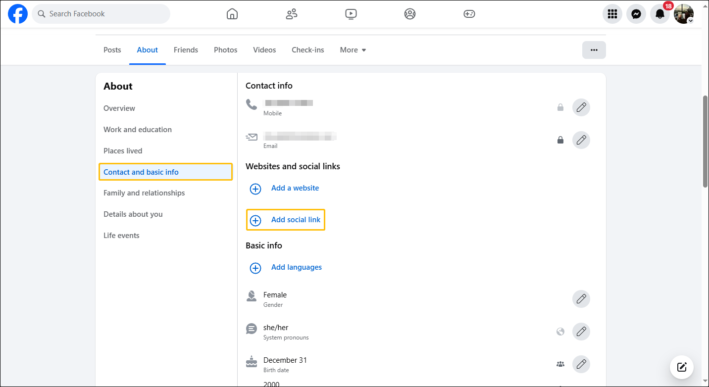 Facebook’s About section with the Contact and basic info option and the Add social link option highlighted