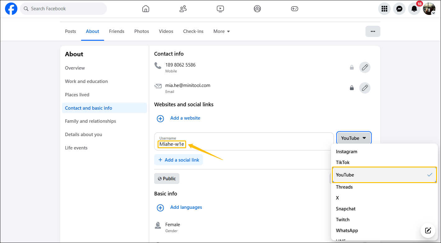 Facebook’s About section with the YouTube username in the Username bar and the highlighted YouTube option