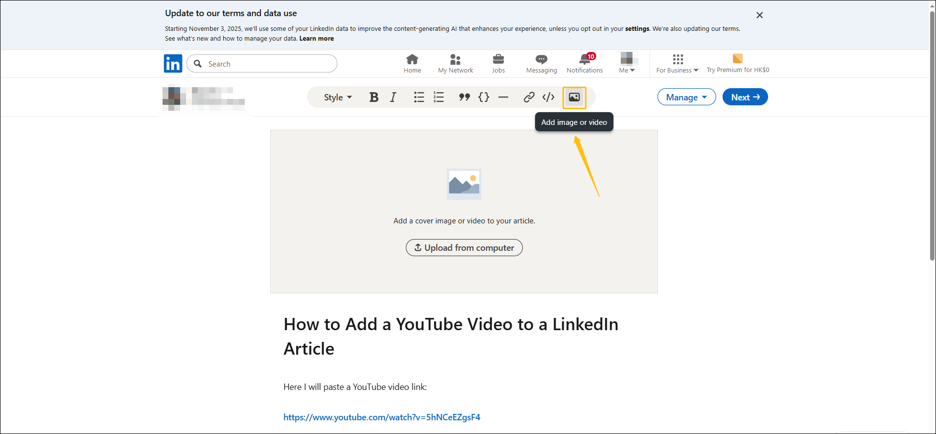 Screenshot of LinkedIn article editing interface with the Add image or video option highlighted