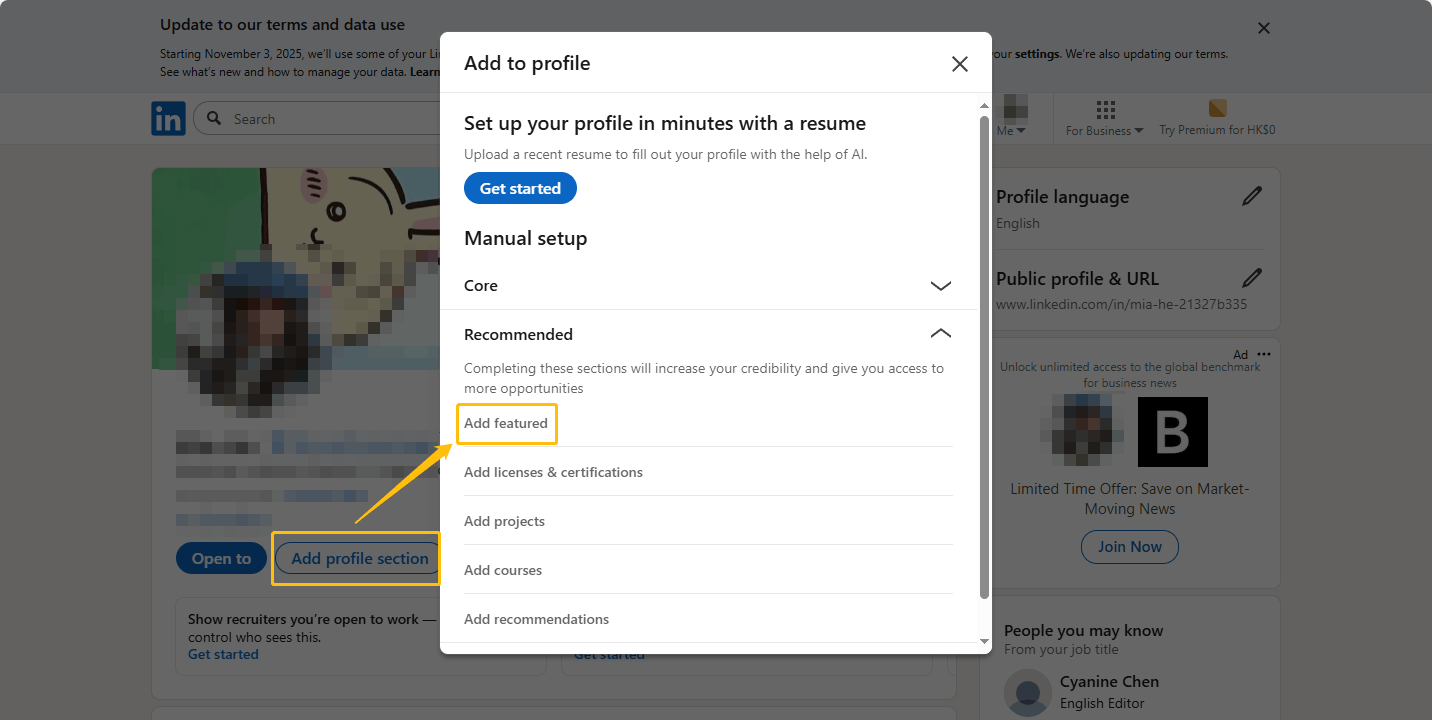 LinkedIn’s Add to profile popup with the Add featured option highlighted