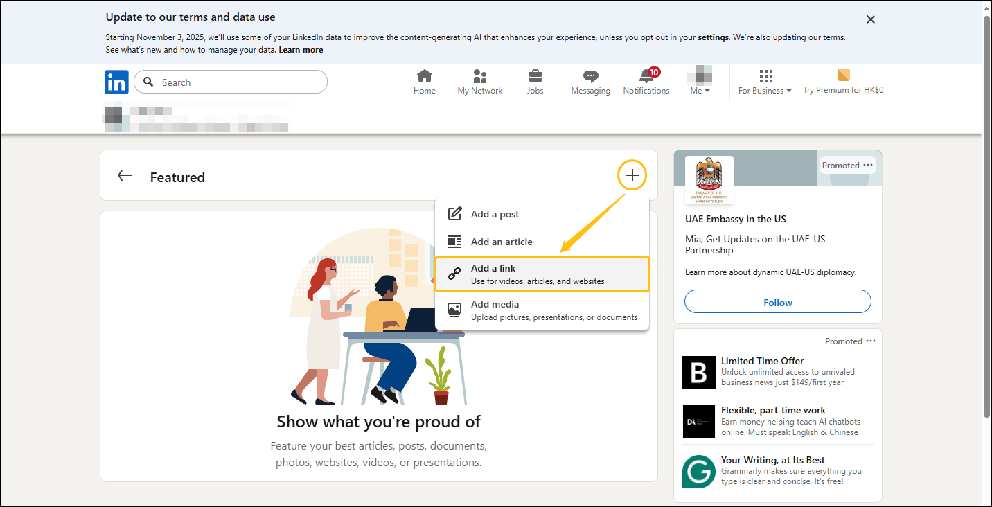 LinkedIn’s Featured interface with the plus icon and the Add a link option highlighted