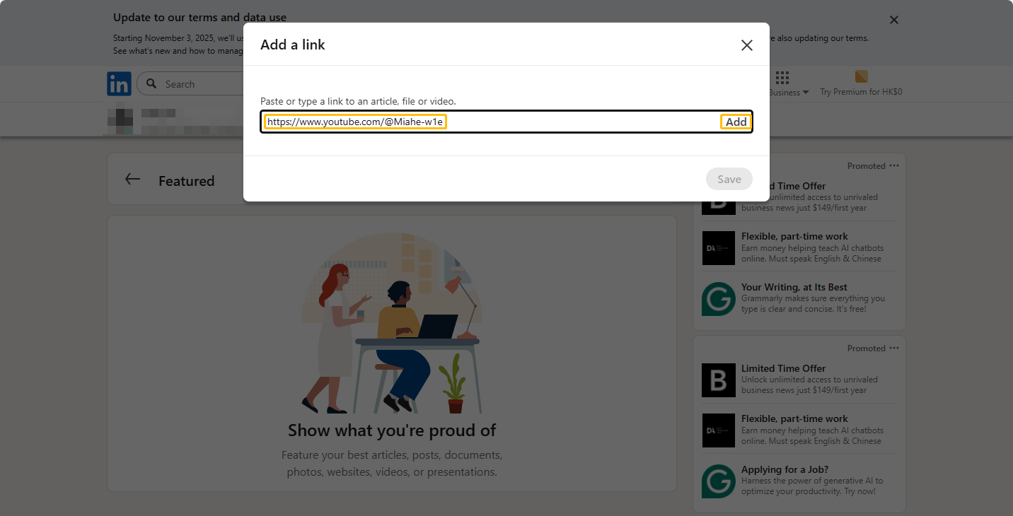 LinkedIn’s Add a link window showing the entered YouTube channel URL