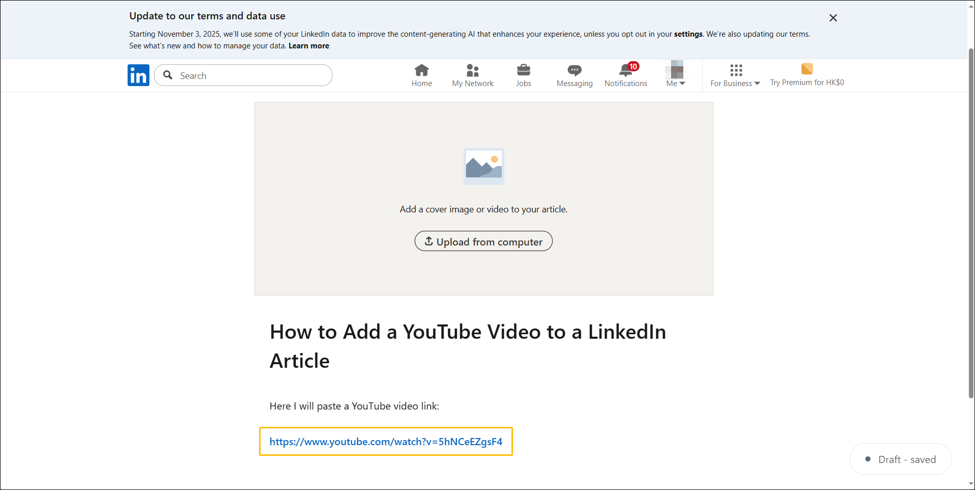 Screenshot of LinkedIn article editing interface and there is a YouTube video link in the article