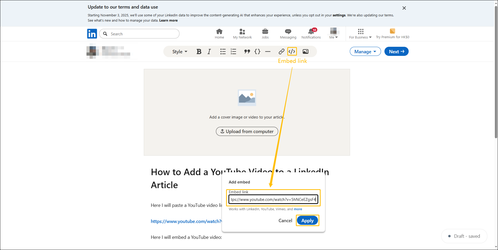 Screenshot of LinkedIn article editing interface showing the steps to embed a YouTube video