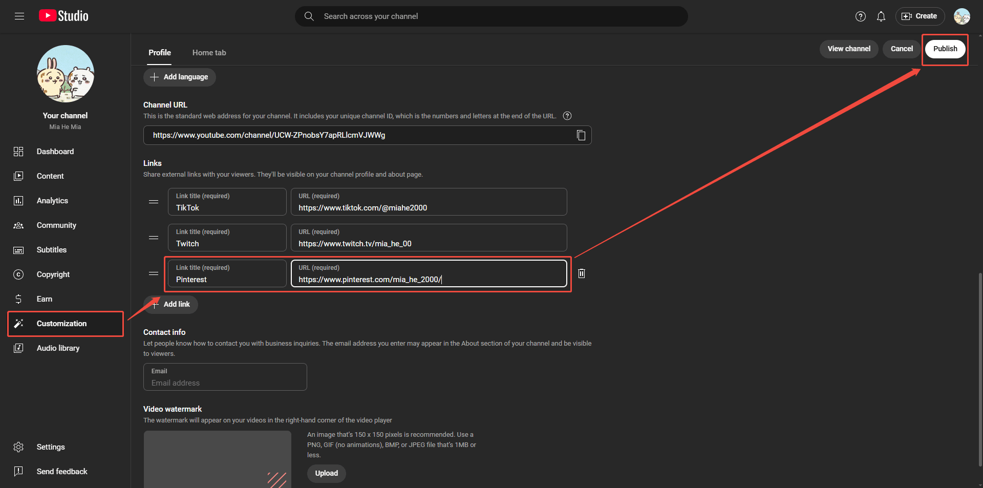 YouTube Studio interface showing how to add a link to YouTube profile